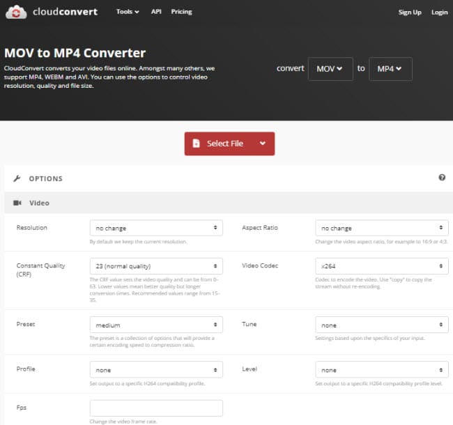 Convert MOV to MP4 by using CloudConvert.com