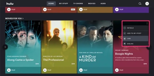 Hulu site interface
