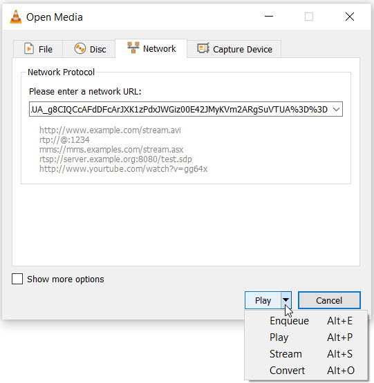 VLC paste the network url