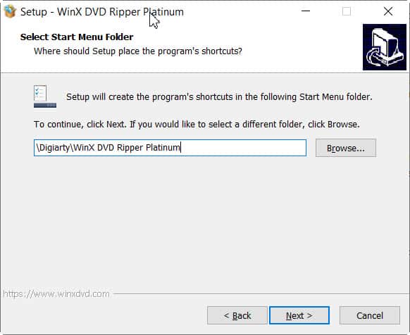 WinX dvd ripper platinum select start menu folder