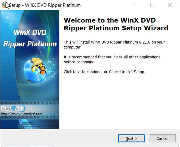 WinX dvd ripper platinum welcome screen