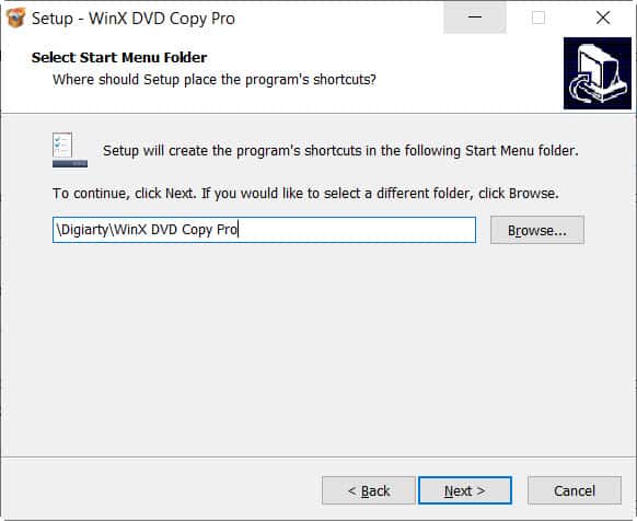 WinX DVD copy pro select start menu folder