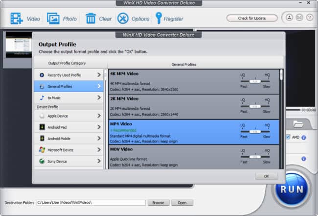 WinX HD Video Converter Deluxe output profile