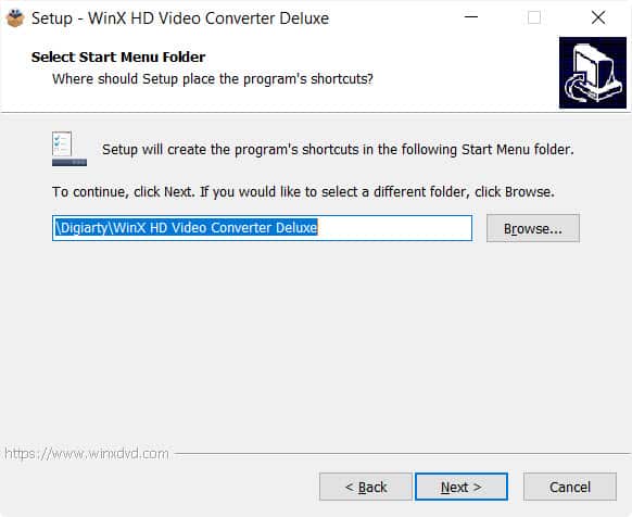WinX hd video converter deluxe select start menu folder
