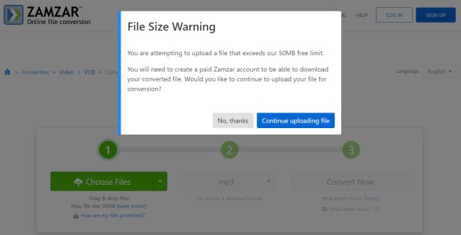 zamzar.com cannot convert big file warning